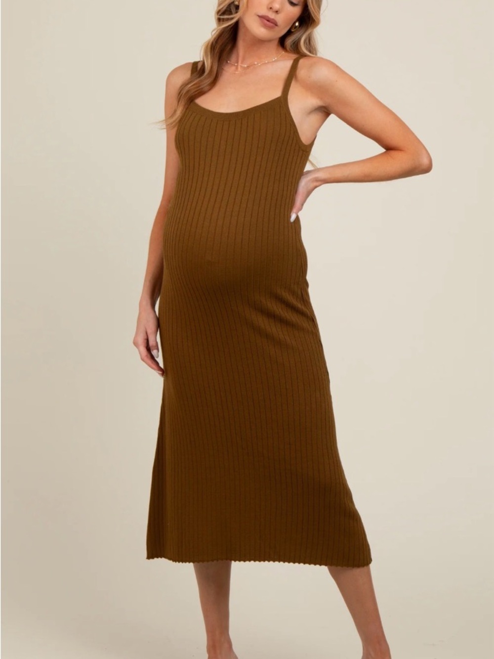 Brown Ribbed Spaghetti Strap Midi Maternity Dress Pink Blush Size Large - Picture 6 of 6